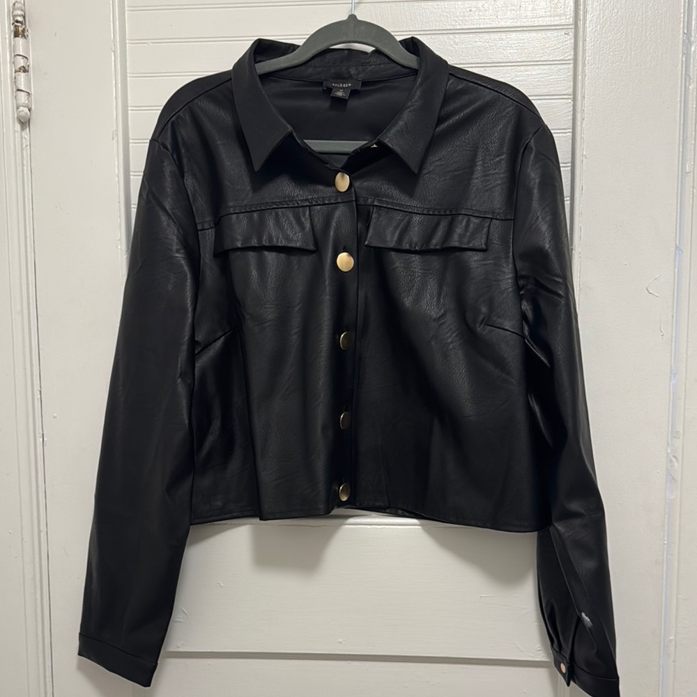 Faux Leather Crop Shirt Jacket